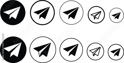 Paper airplane icons in circles vector illustration set simple modern design flat and outline styles.
