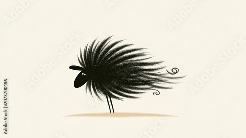Minimalist digital illustration of fluffy black sheep standing in strong wind artistic illustration of black creature with wild fur blowing in strong wind