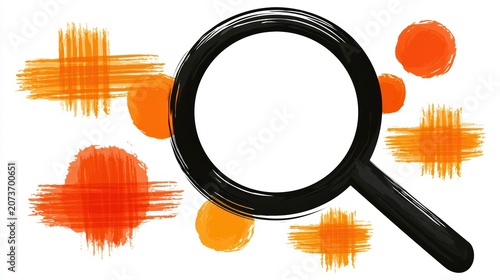 Magnifying glass icon featuring artistic orange watercolor brush stroke background elements