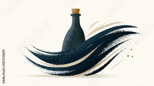 Minimalist digital illustration of dark glass bottle with abstract fluid motion brush strokes