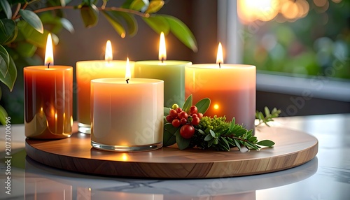 A serene arrangement of lit candles on a wooden tray