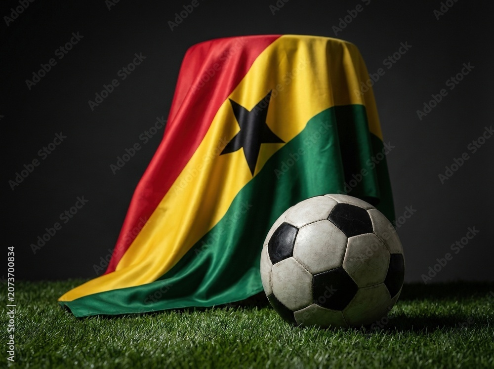 Fototapeta premium Soccer ball resting on vibrant national flag with green grass background in dramatic lighting