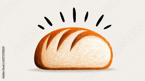 A warm freshly baked loaf of crusty bread featuring artistic hand drawn style graphic illustration on soft off white background