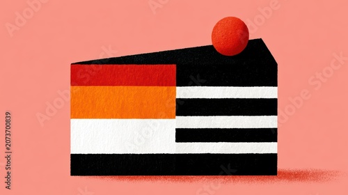 Abstract illustration of a cake slice featuring geometric patterns and a spherical topping on a vibrant soft pink background setting