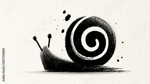 Minimalist black and white snail illustration with spiral shell design concept art graphic