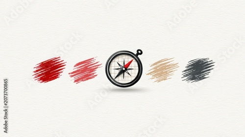 Illustration of a navigation compass icon beside colorful scribbled paint brush strokes on white background