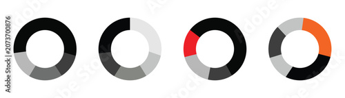 Foto Set of four simple donut chart icons representing data visualization, each displaying different proportions in shades of gray, black, and one with a red segment