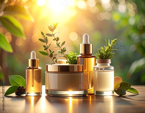 A serene arrangement of skincare products amidst lush greenery and warm sunlight
