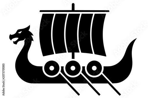 Obraz na plátne Vector silhouette of Viking longship with dragon prow, shields, and sail