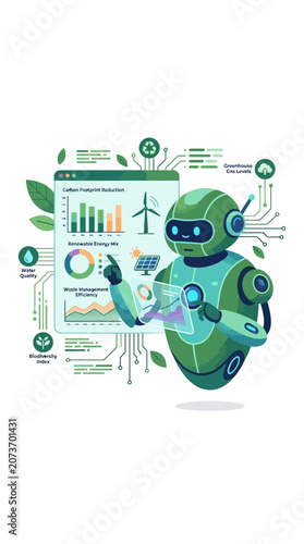 AI Robot Analyzing Environmental Sustainability and Green Energy Data Dashboard Illustration