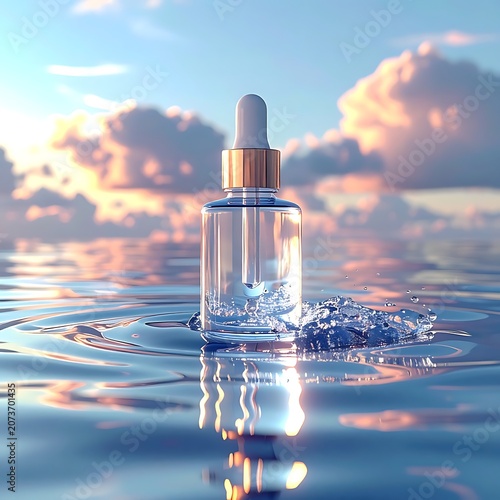 A serene dropper bottle floats on rippling water under a cloudy sky