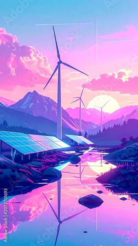 A serene landscape with wind turbines and solar panels (35)