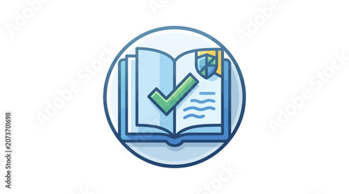 An illustrated icon of an open book featuring a green checkmark and a protective shield symbol.