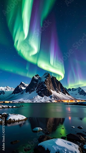 A serene mountain lake under the vibrant aurora borealis (1)