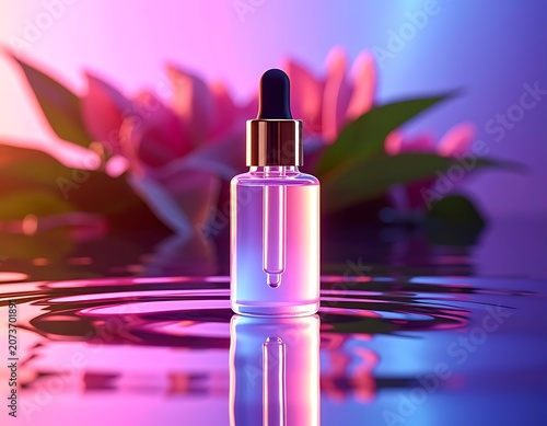A serene, neon-lit dropper bottle on rippling water with flowers