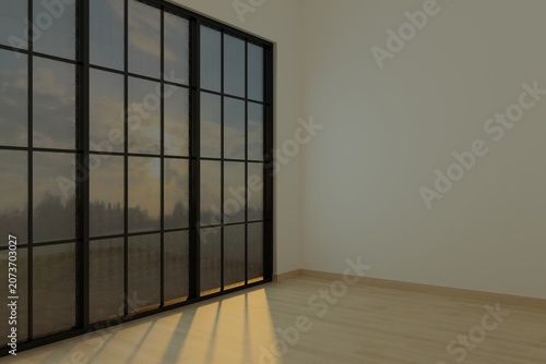 Schilderij op canvas A minimalist, empty room interior featuring soft, dim late-afternoon lighting