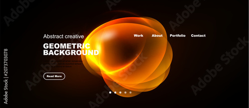 Foto Dark background features abstract orange geometric shapes, text, navigation menu, plus button for more information