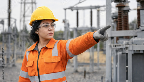 Professional Electrical Engineer Pointing at High Voltage Equipment in an Industrial Substation, hispanic woman in safety helmet and protective gear inspecting power infrastructure