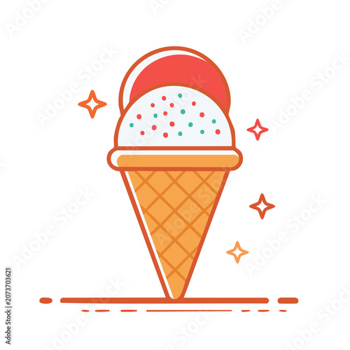 Flat illustration of ice cream cone with cherry and sprinkles
