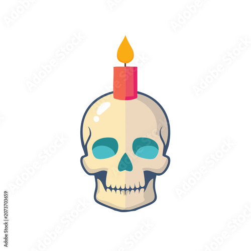 Flat illustration of skull with lit candle on head