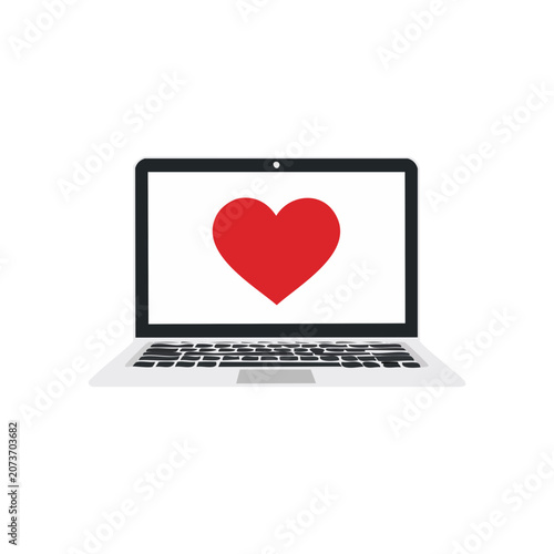 Flat vector icon of laptop with red heart on screen