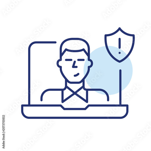 Video call security alert, unauthorized recording warning. Man on laptop conference. Pixel perfect, editable stroke vector icon