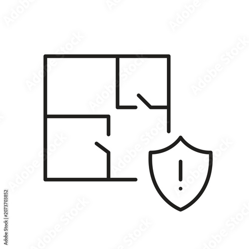 Exclamation mark in a shield and apartment blueprint. Building code violation alert, structural integrity warning. Pixel perfect, editable stroke vector icon