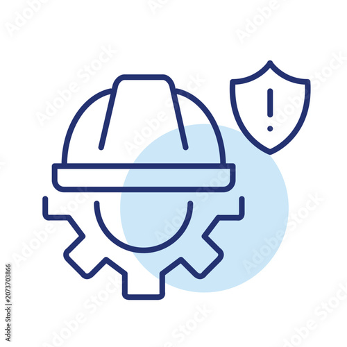 Hard hat, cogwheel and exclamation mark in shield. Unauthorized administrative access, software configuration vulnerability. Pixel perfect, editable stroke vector icon