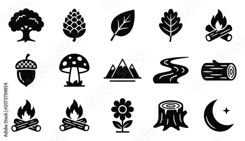 Nature and forest elements vector icon set with tree, pine cone, leaves, campfire, mountains, river, log, stump, acorn and moon symbols, editable outline collection for eco, camping and outdoor design