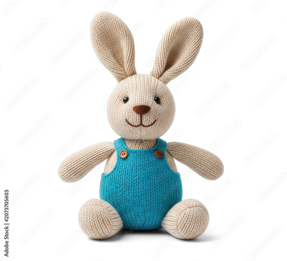 Fototapeta premium A beige knitted rabbit sits on a transparent background. The rabbit has long ears, a smiling face with button eyes and a blue denim overall.
