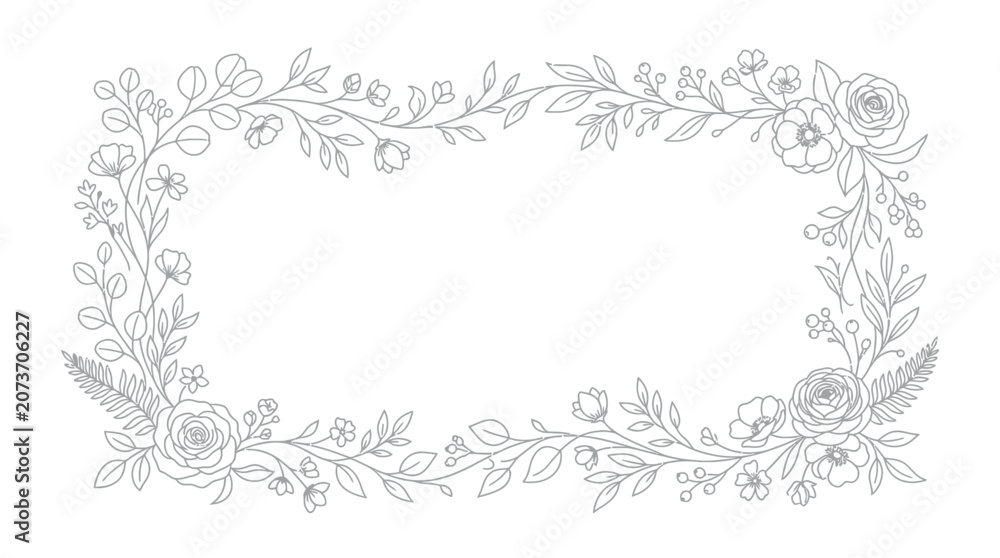 Fototapeta premium Elegant Hand-Drawn Floral Rectangular Frame Border