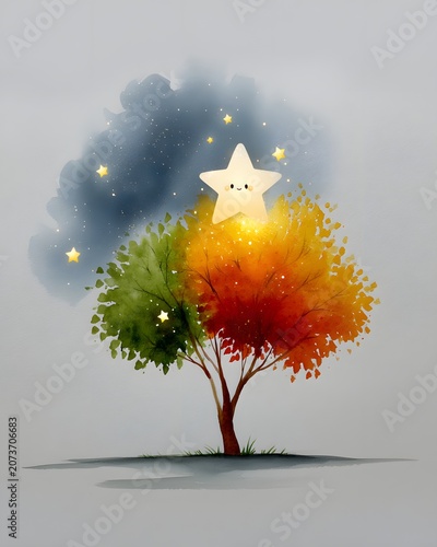 Whimsical Night-time Fantasy Illustration with Smiling Star in Colorful Autumn Tree and Night Sky