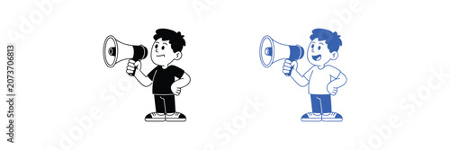 Tablou pe pânză Four Cartoon Men Holding Megaphones, Different Colors Promoting Announcement, Ma