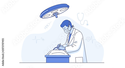 Doctor Performing Surgery Under Operating Lamp - Medical Illustration
