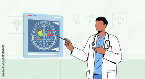 Doctor pointing at brain scan with colorful areas, medical diagnosis concept