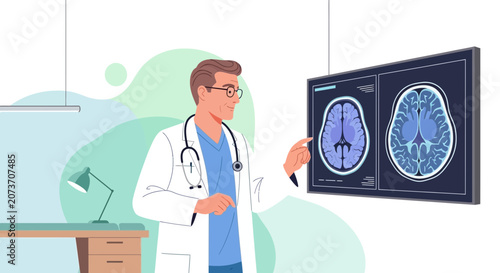 Doctor points to brain scans on monitor - medical diagnosis and healthcare concept