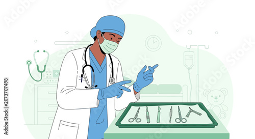 Doctor Preparing Surgical Instruments in Operating Room - Medical Illustration