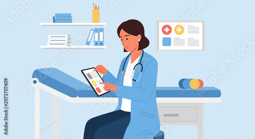 Doctor Using Tablet in Medical Examination Room, Healthcare Concept Vector Illustration
