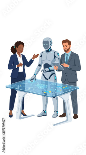 Business professionals and humanoid robot collaborating on futuristic digital interface table
