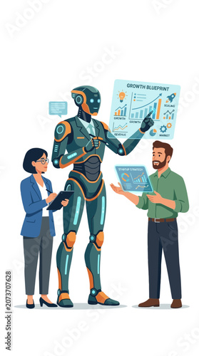 Business People Collaborating with AI Robot for Startup Growth Strategy and Data Analysis