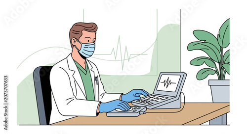 Doctor wearing mask and gloves at desk with medical equipment