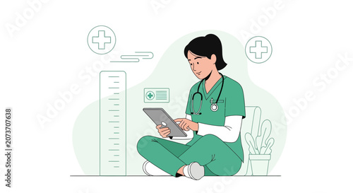 Doctor using tablet, medical icons, healthcare concept, flat illustration