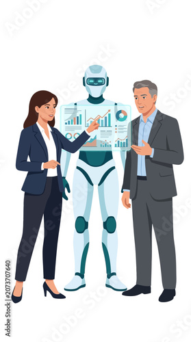 Business professionals collaborating with AI robot on data visualization dashboard