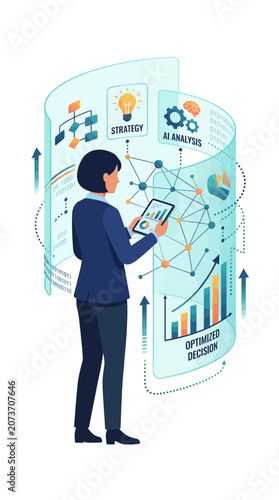 Businesswoman Analyzing Big Data and Artificial Intelligence for Optimized Strategic Decisions
