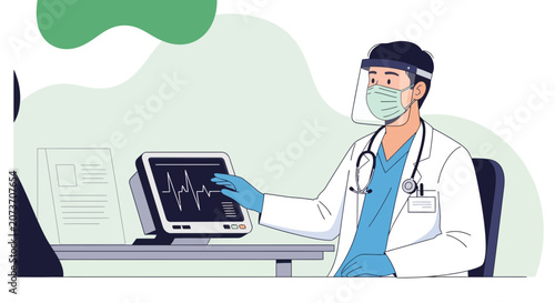 Doctor with face shield and mask operating medical monitor in clinic