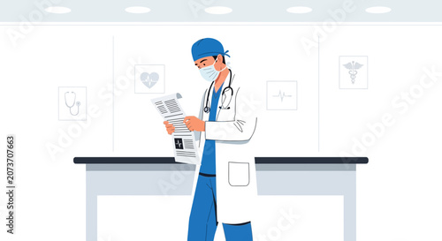 Doctor wearing mask reading medical chart in clinic, healthcare concept