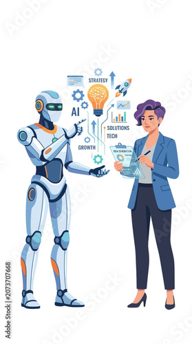 Businesswoman Collaborating with Artificial Intelligence Robot for Strategic Innovation and Growth