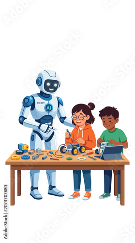 Children building robot car with AI assistant teacher in STEM classroom vector illustration