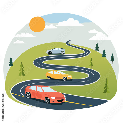 Winding road with cars in a hilly landscape illustration