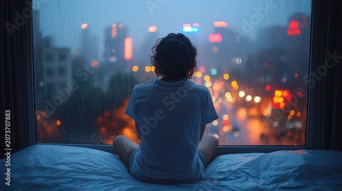 A person sits on a bed facing a rainy window, looking at city lights at dusk